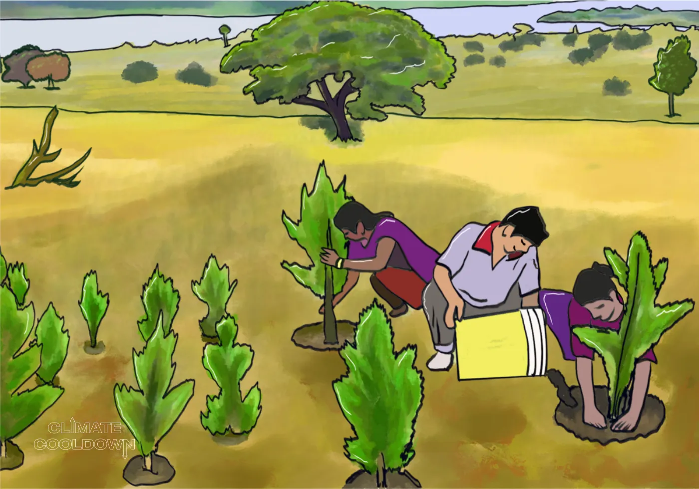 Illustrated scene of workers planting young trees across bare land to establish new forest