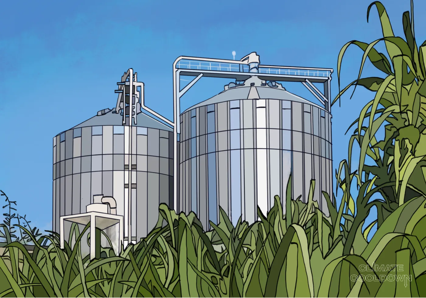 Illustrated biomass energy facility converting organic waste materials into electricity