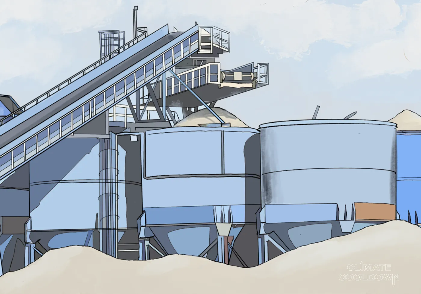 Illustrated industrial cement plant with rotating kilns and plumes of carbon emissions