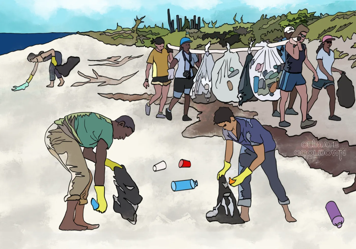 Illustrated volunteers collecting plastic waste and debris along a shoreline at low tide