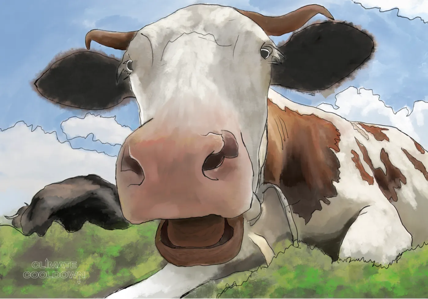 Illustrated cows grazing in a field with methane gas visibly rising into the atmosphere
