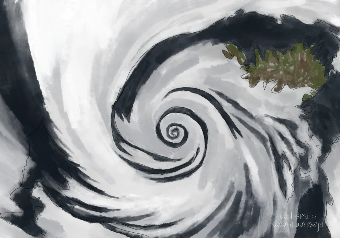 Illustrated cyclone spiraling over open ocean with visible storm bands and a clear eye