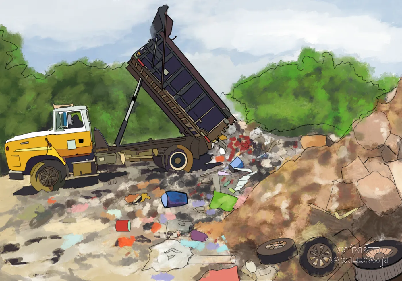 Illustrated industrial waste being illegally discharged into a river or waterway