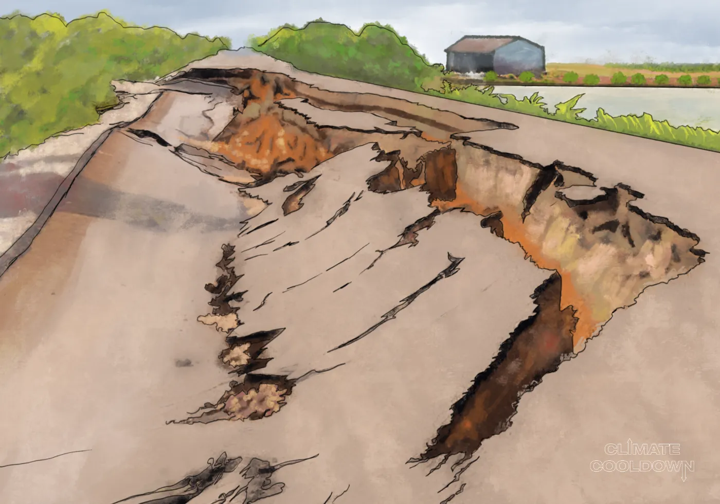 Illustrated city buildings cracking and crumbling during a powerful earthquake