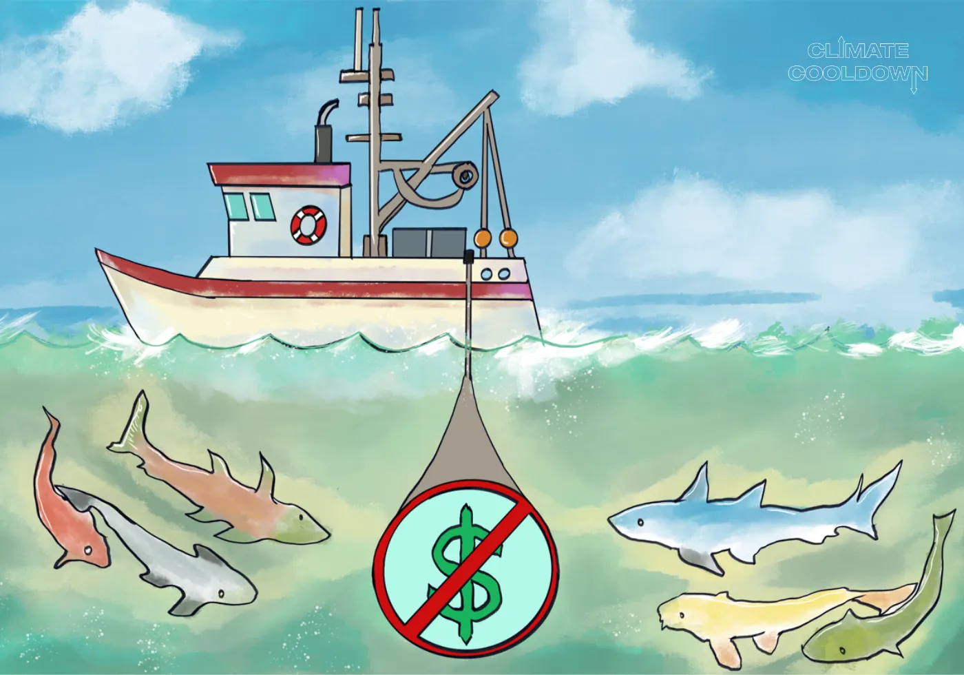 Illustrated fishing vessel at sea with a government subsidy document being removed