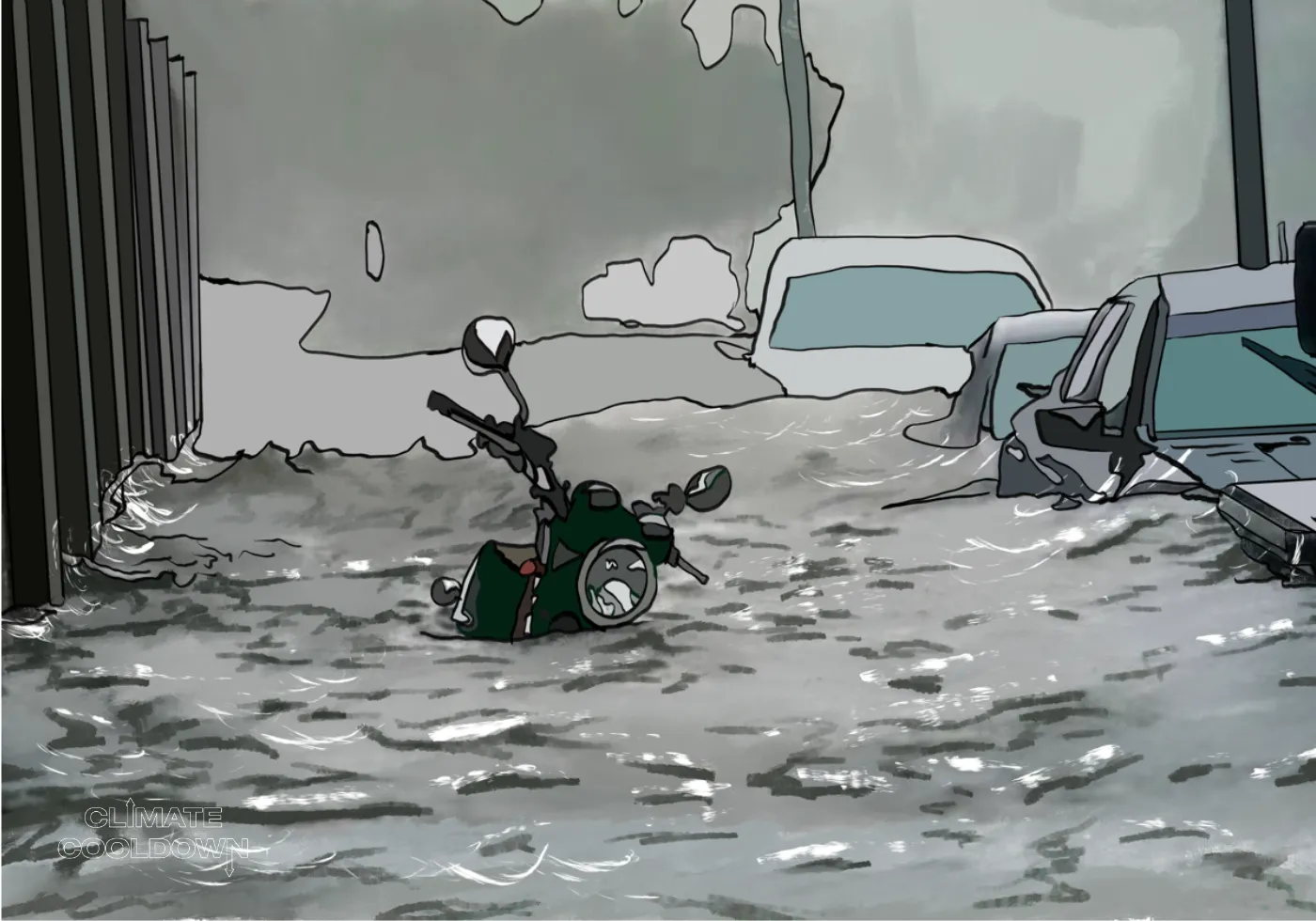 Illustrated neighborhood with streets and homes submerged in rising floodwater