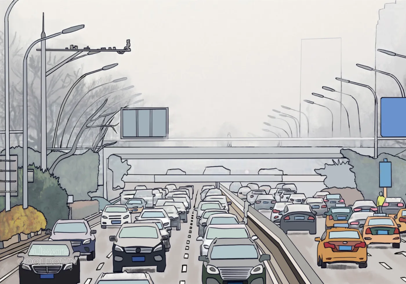Illustrated busy road filled with cars and trucks emitting visible exhaust fumes