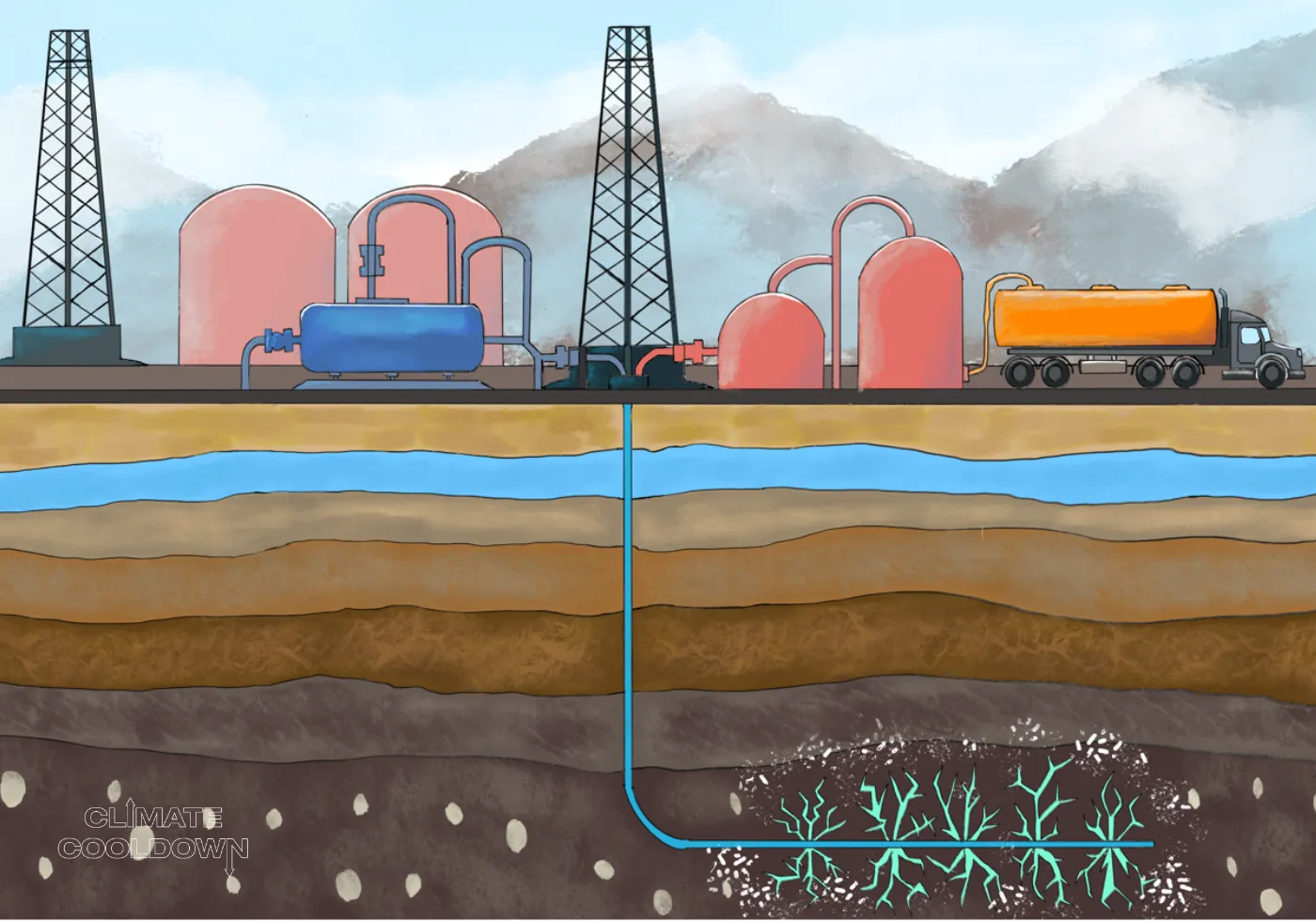 Illustrated drilling rig injecting pressurized fluid into underground rock to extract natural gas