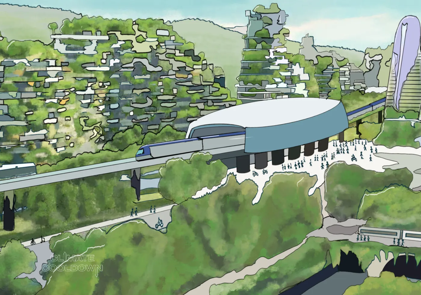 Illustrated urban skyline featuring rooftop gardens, green spaces, and solar installations