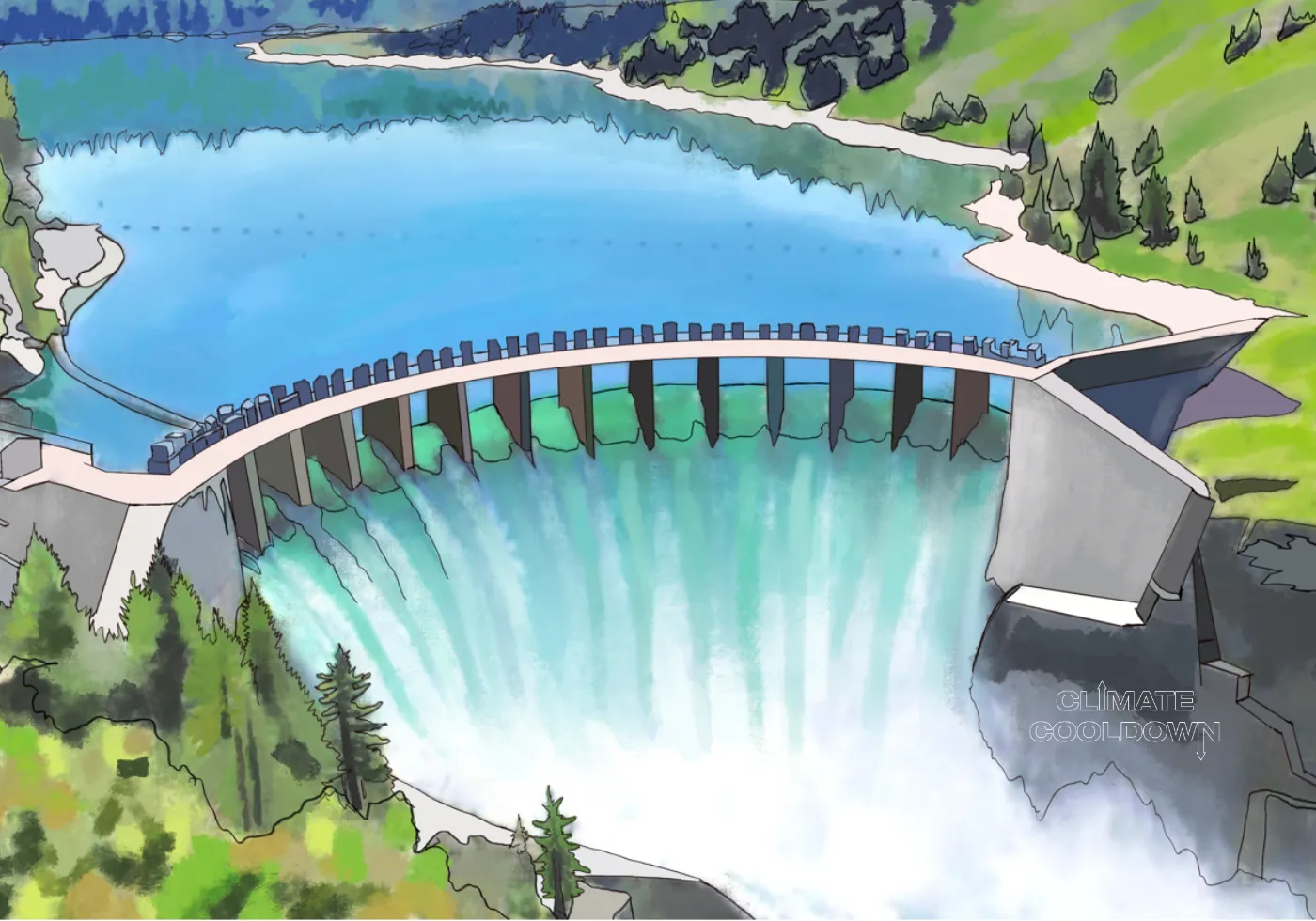 Illustrated hydroelectric dam capturing the energy of a powerful flowing river