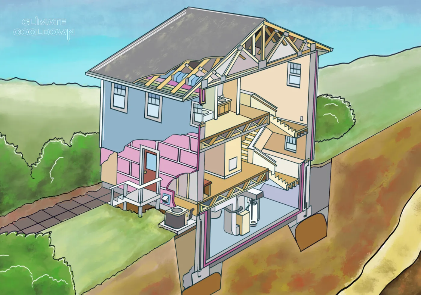 Illustrated cross-section of a home showing thick insulation keeping warmth trapped inside