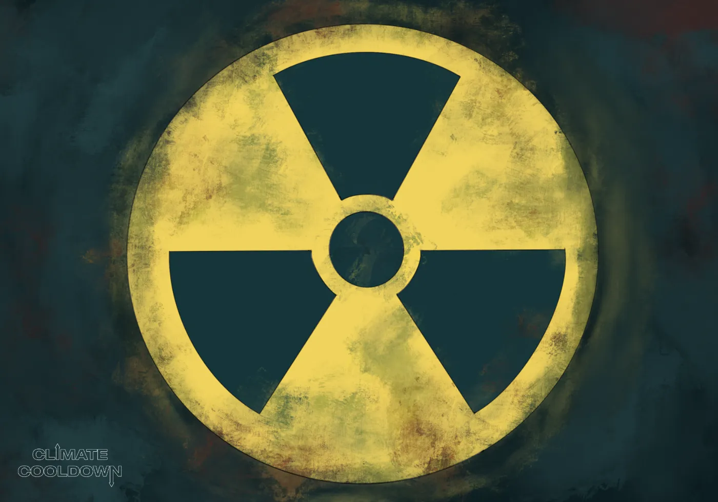 Illustrated nuclear facility surrounded by hazard signs with radioactive contamination spreading