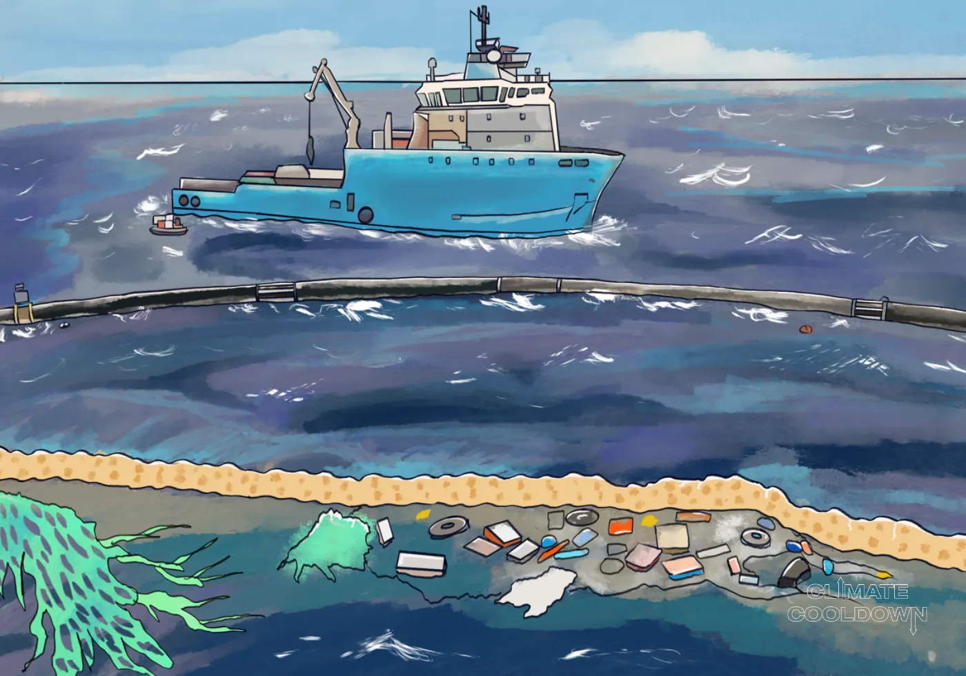 Illustrated cleanup vessels and booms collecting floating plastic debris from the open ocean