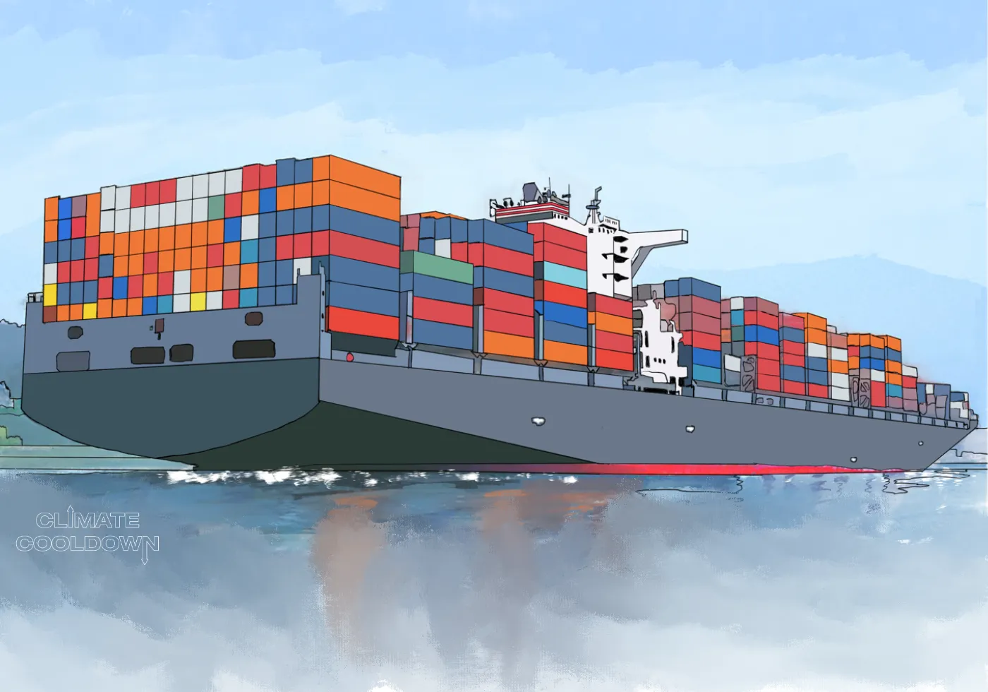 Illustrated large cargo ship crossing the ocean, emitting exhaust smoke from its funnel