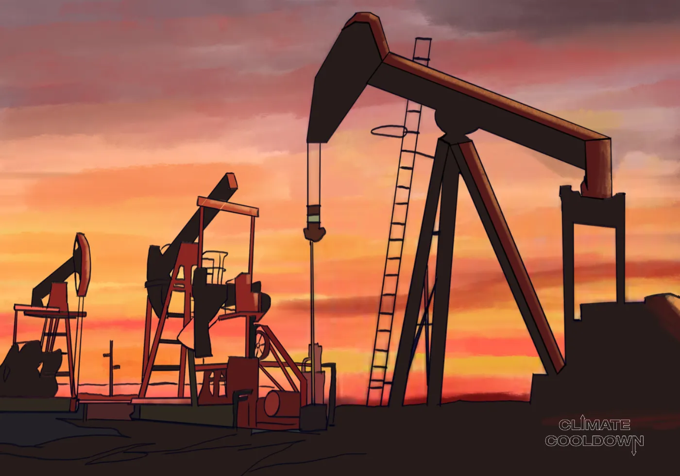 Illustrated oil refinery processing crude oil with distillation towers and flare stacks