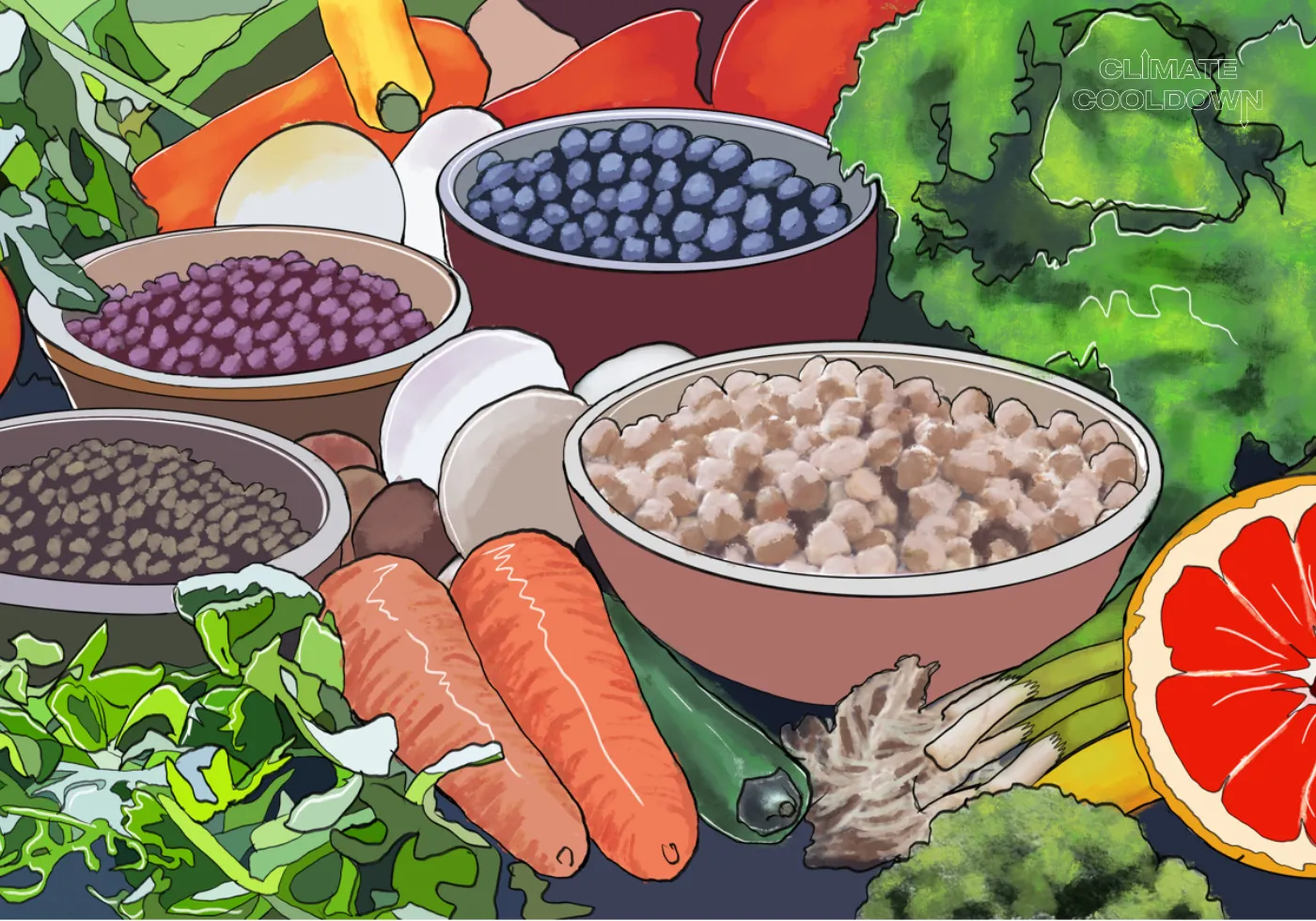 Illustrated colorful plate piled with vegetables, legumes, grains, and plant-based foods