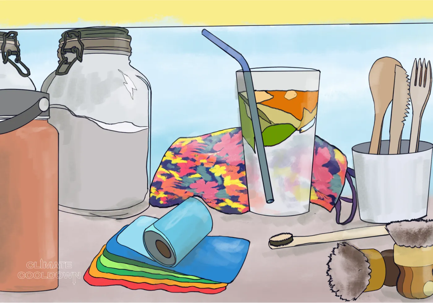Illustrated market or household free of plastic packaging, using natural reusable alternatives