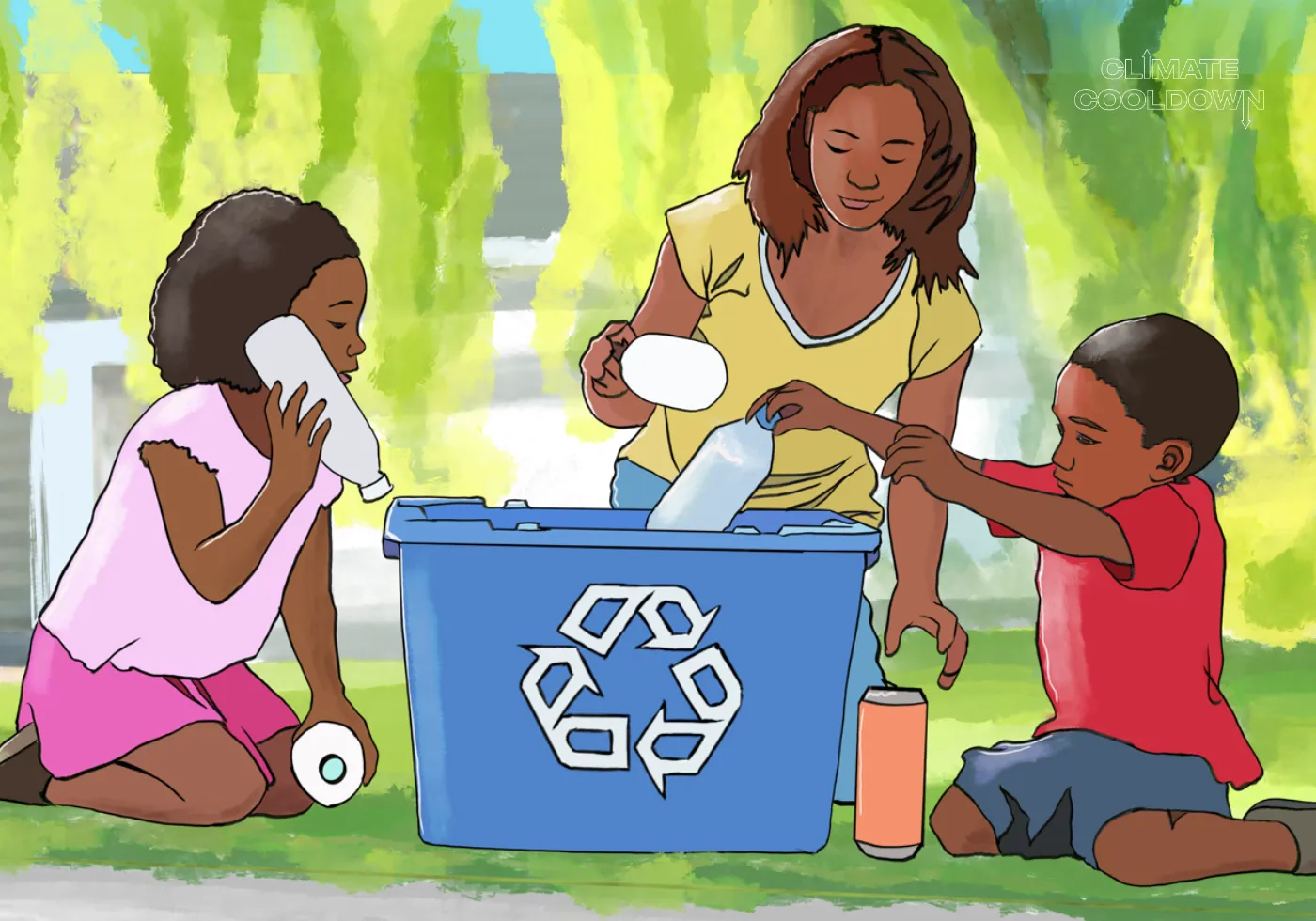 Illustrated recycling center sorting paper, glass, metal, and plastic for reprocessing