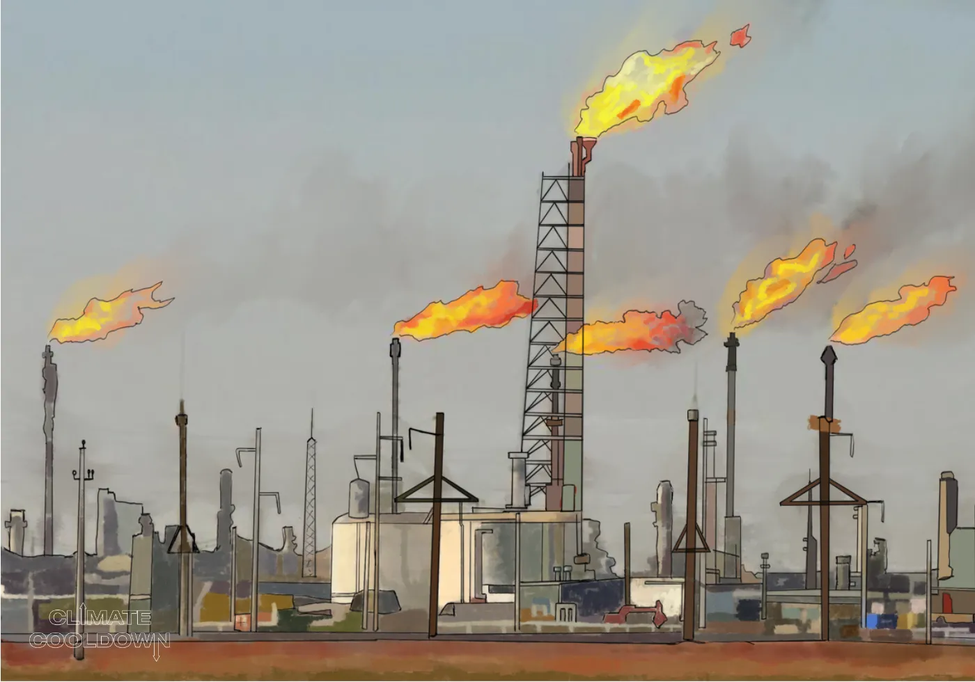 Illustrated oil field at night with gas flares burning off excess methane into the sky
