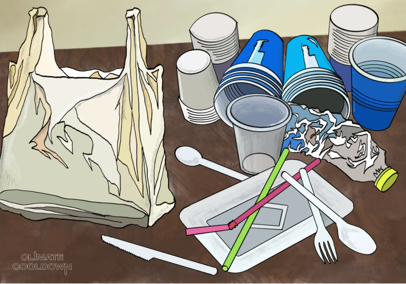 Illustrated single-use plastic items crossed out and replaced by reusable cups and bags