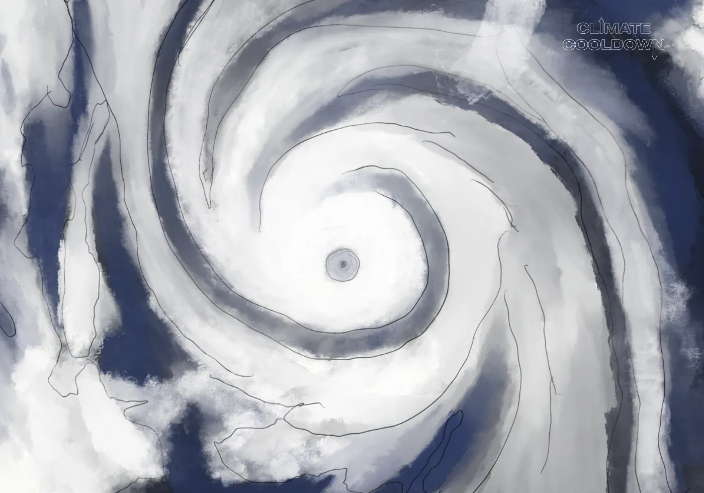 Illustrated powerful typhoon with dense swirling cloud bands approaching a coastline