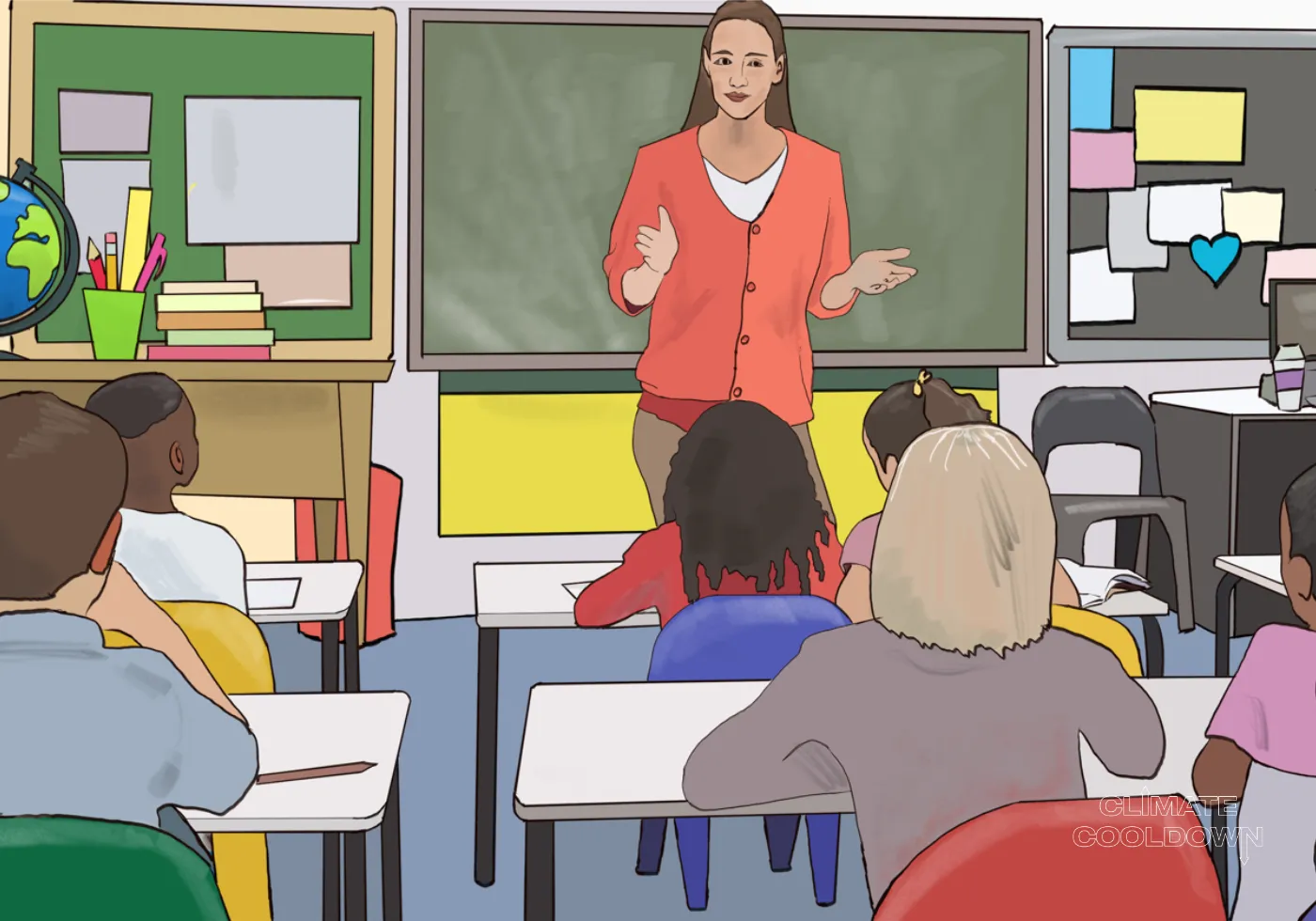 Illustrated students from diverse backgrounds learning together in a bright classroom
