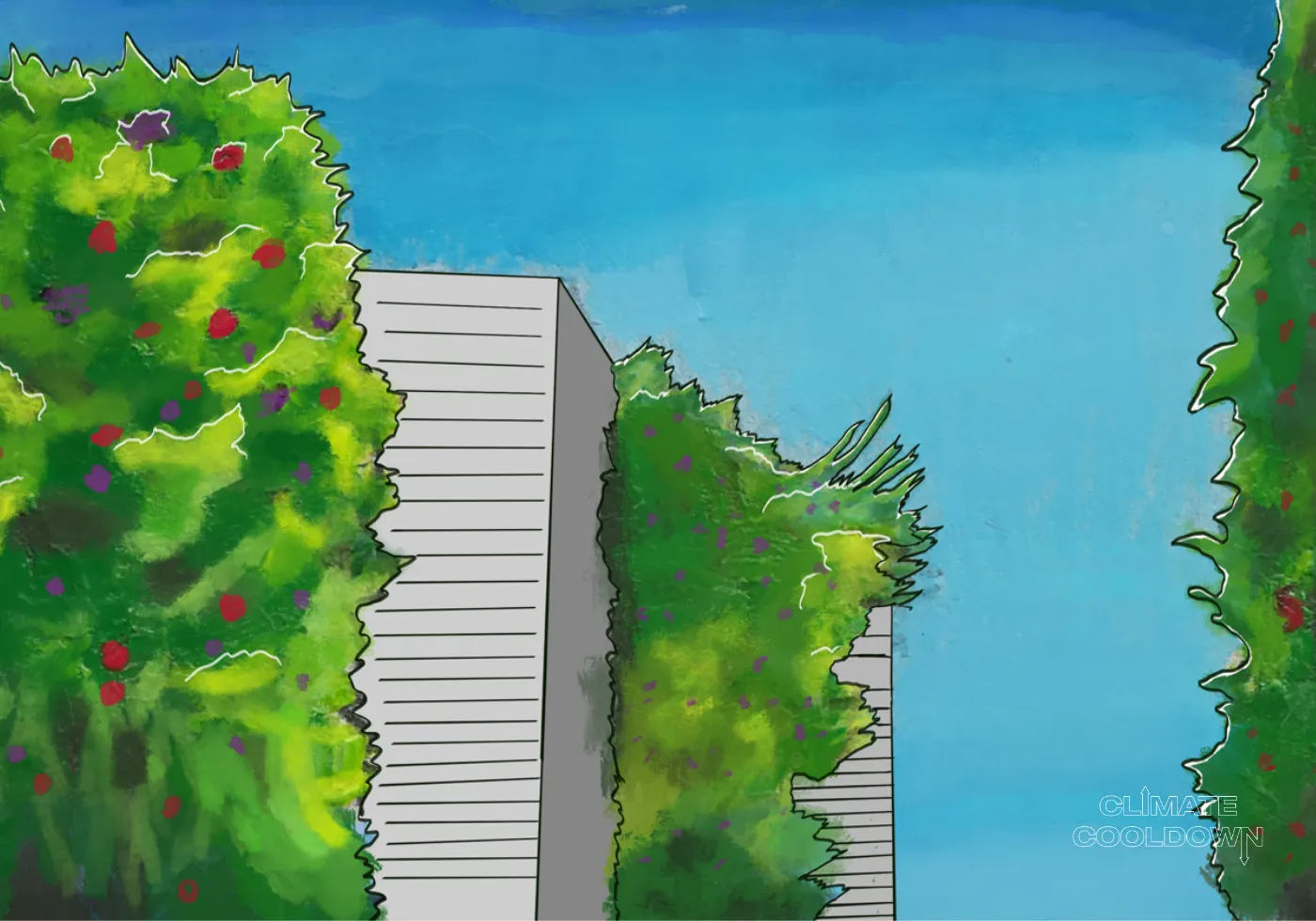 Illustrated multi-story indoor farm with stacked crop trays growing under artificial light