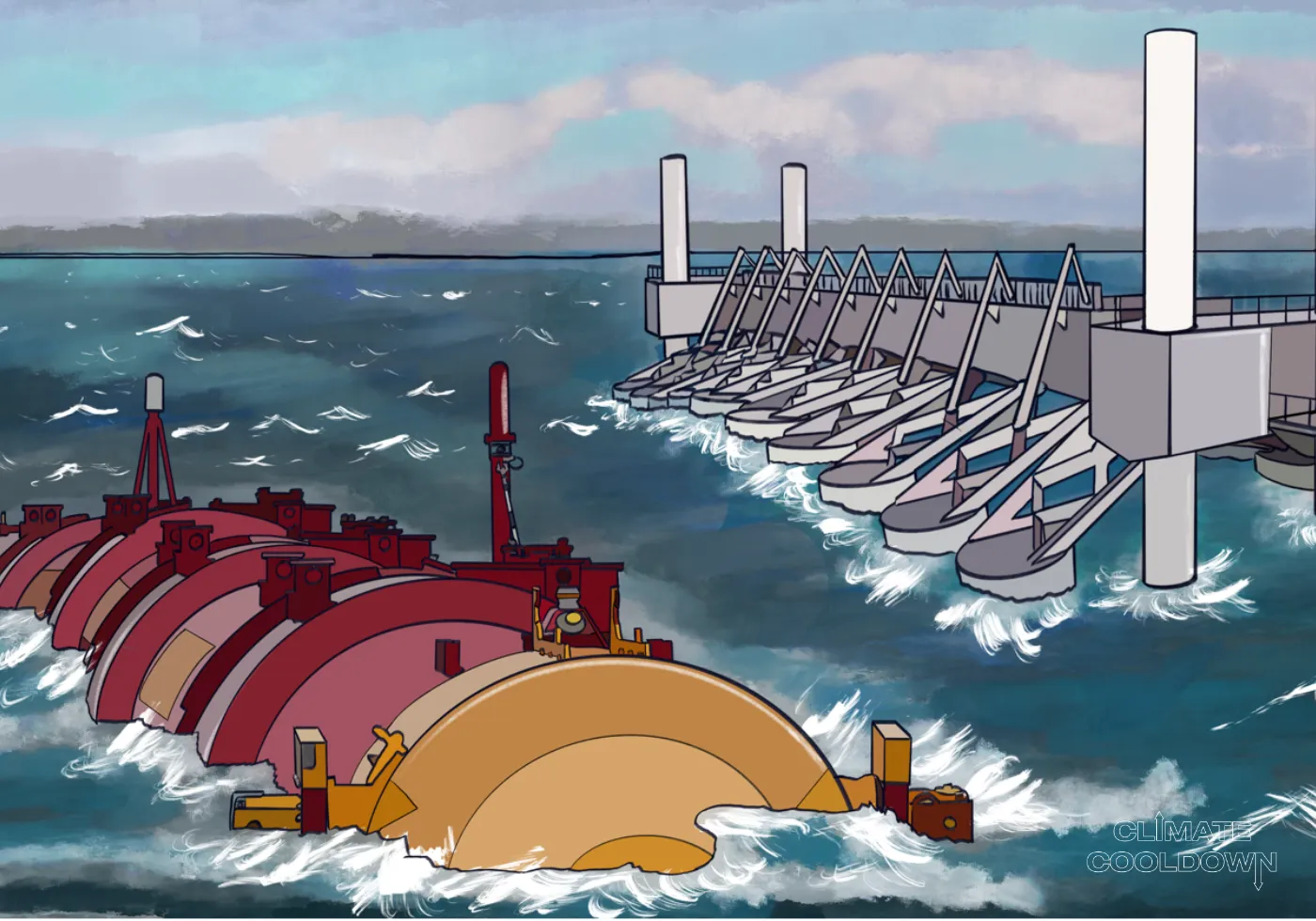 Illustrated wave energy converter riding ocean swells to generate renewable electricity