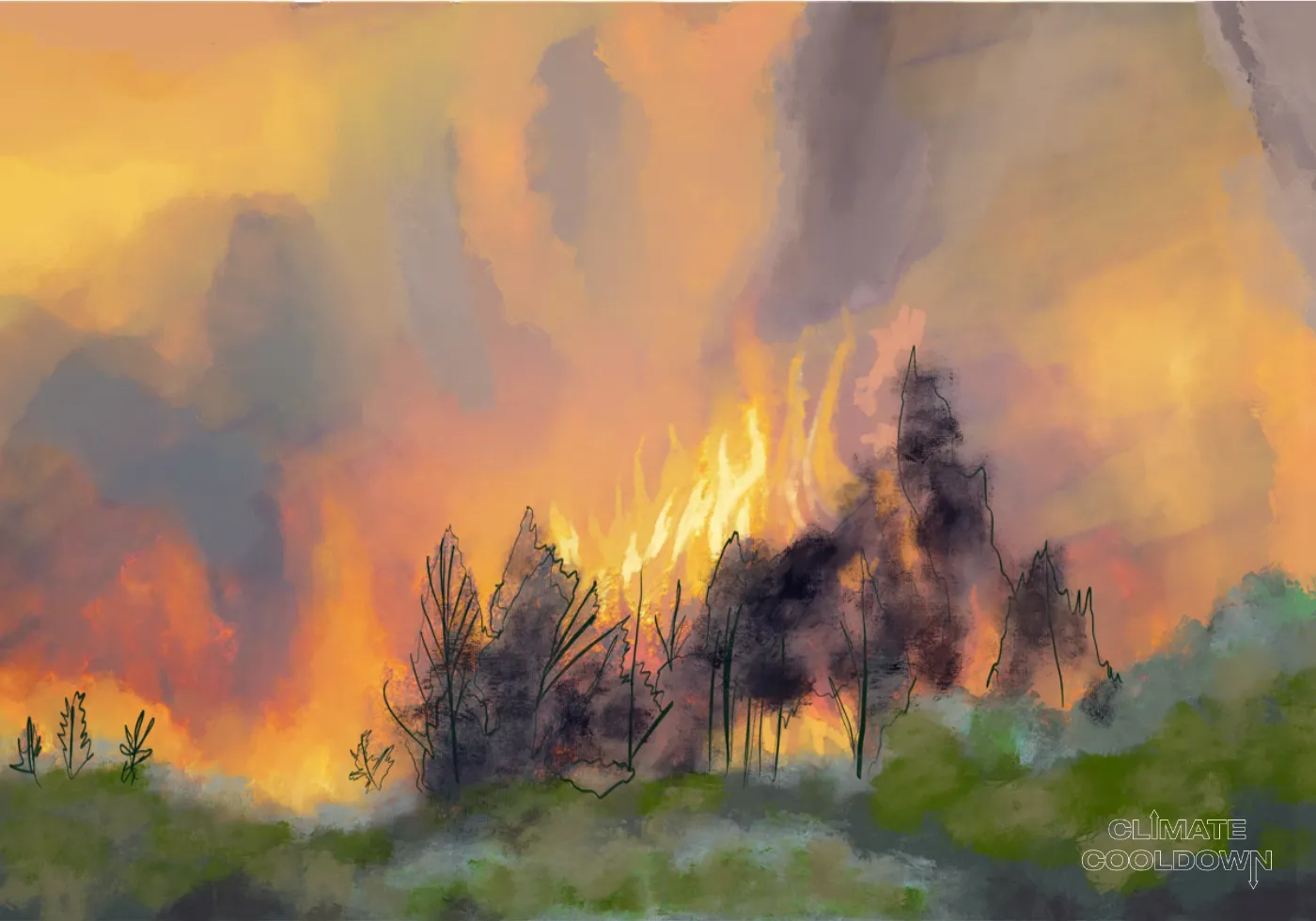 Illustrated forest consumed by fast-moving wildfire under a smoke-filled orange sky